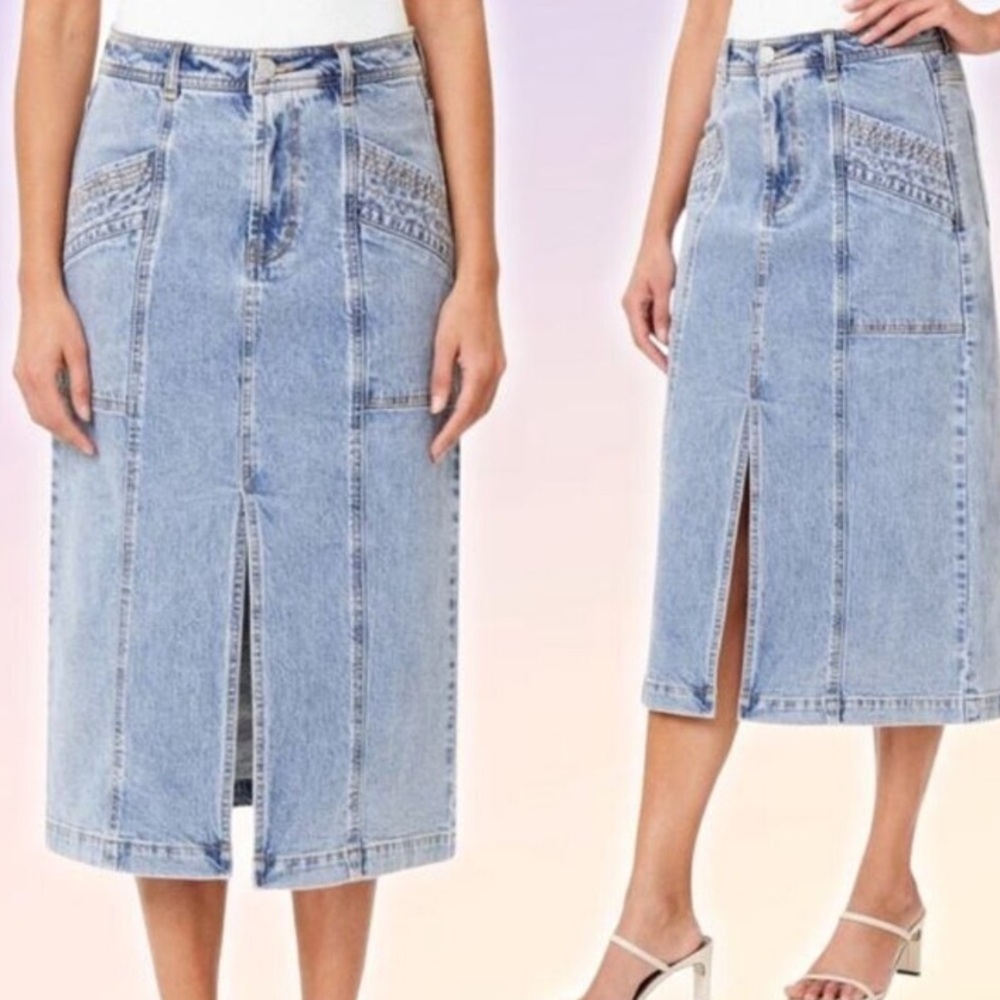 Habitual blue Denim jeans skirt. MIDI length. EUC! Front slit. EUC!